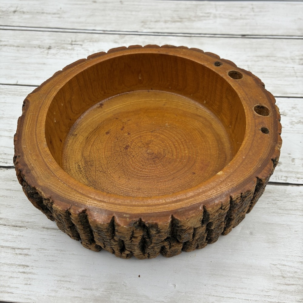 Vintage Rustic Bark Edge Wooden Bowl Dish Organizer Pen Holder Natural Wood
